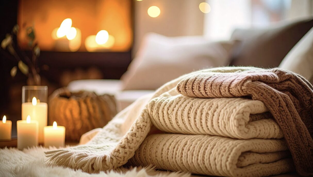Photo d'une maison avec des plaids en premier plan et une ambiance cocooning. 