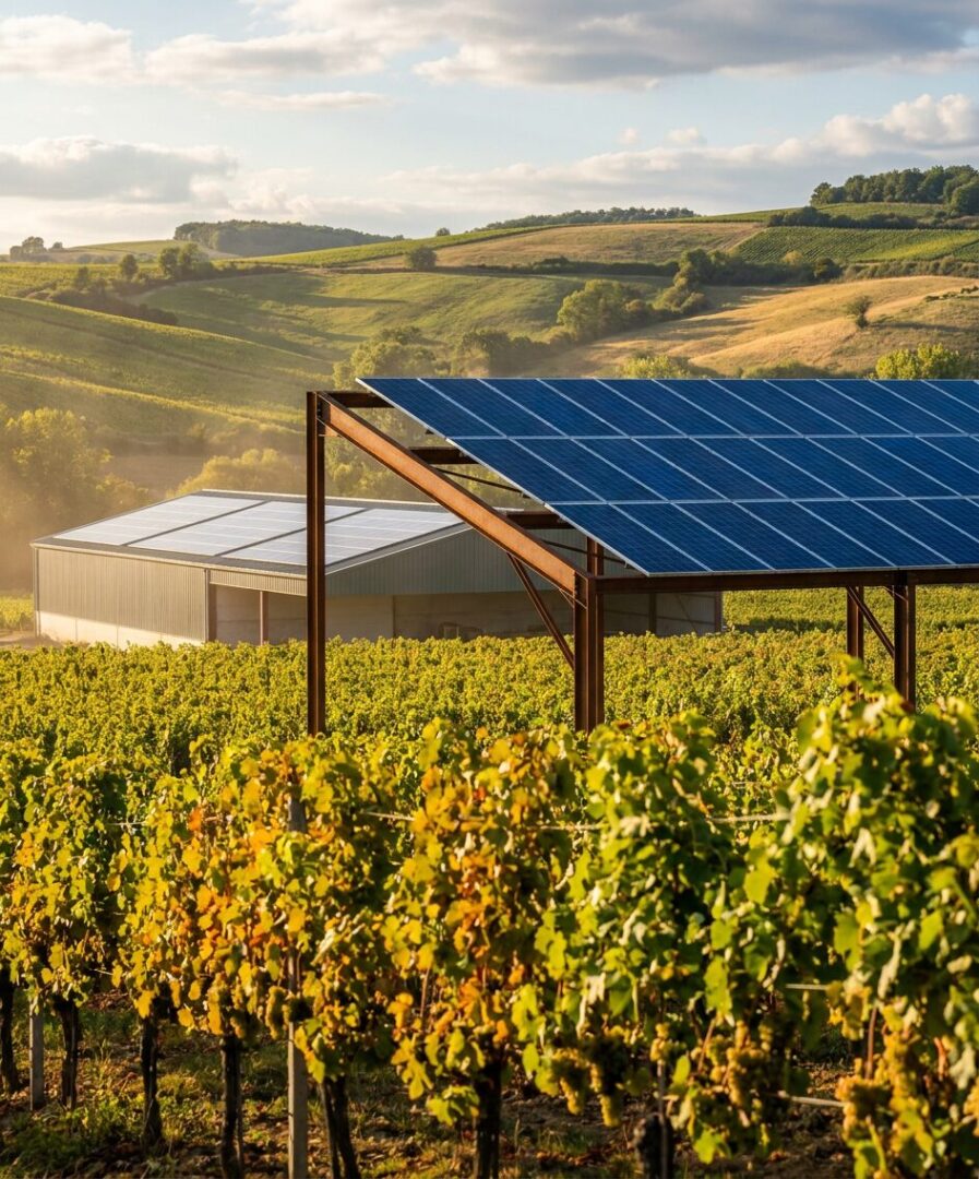 Projet agrivoltaïque 100 kWc Protec Energy en Beaujolais, panneaux solaires bifaciaux sur structures hautes au-dessus d'un vignoble en Rhône-Alpes