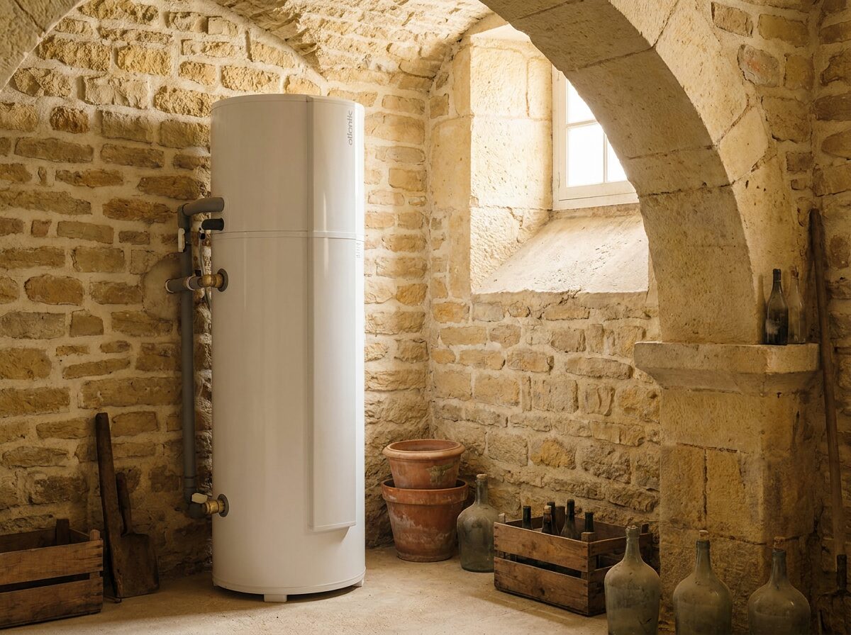 Ballon thermodynamique Atlantic Aeromax 5 300L installé en cave pierre dorée d'une maison à Anse quartier les Provencheres par l'équipe RGE Protec Energy