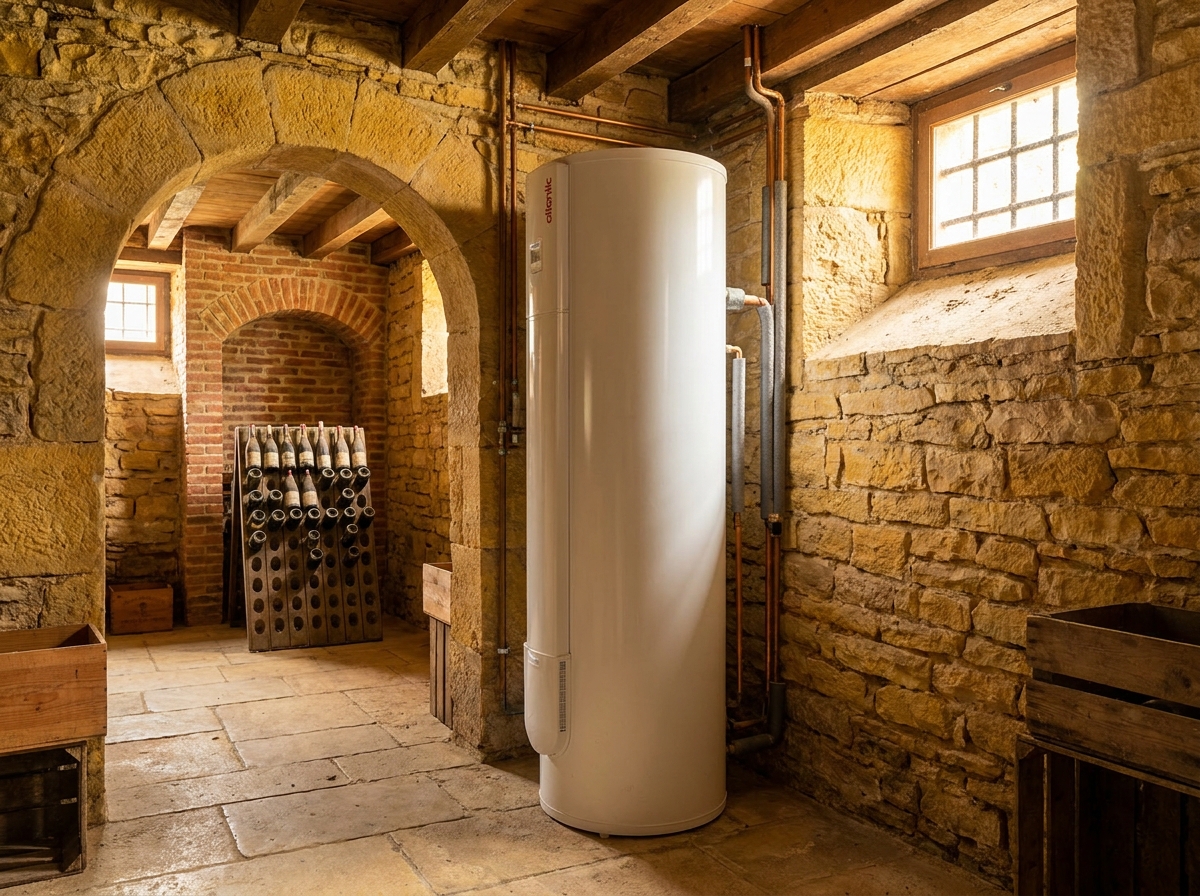 Ballon thermodynamique Atlantic Aéromax 5 300L installé en cave traditionnelle vigneronne pierre dorée à Belleville-en-Beaujolais (69220), aération soupiraux validée par Protec Energy
