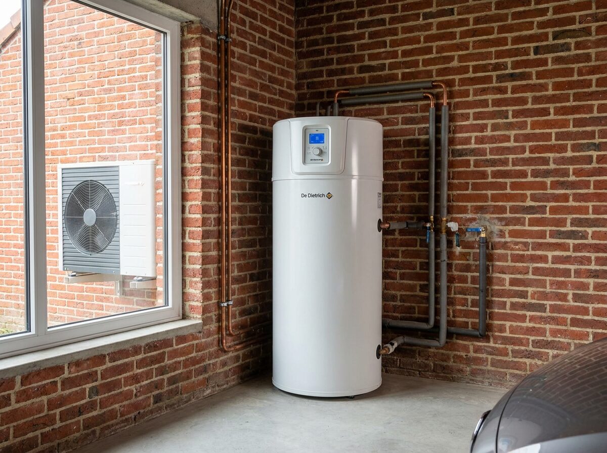 Ballon thermodynamique split Atlantic Aéromax 270L installé en garage de pavillon Bressan à Bourg-en-Bresse quartier Carriat par l'équipe RGE Protec Energy