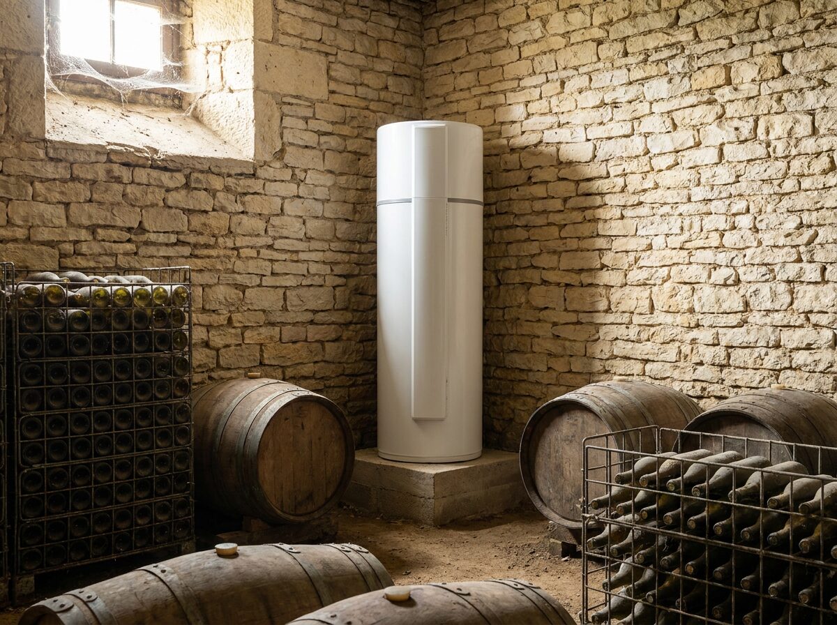 Ballon thermodynamique Atlantic Aéromax 5 300L installé en cave à vins voûtée pierre de maison vigneronne Mâconnaise à Charnay-lès-Mâcon par l'équipe RGE Protec Energy