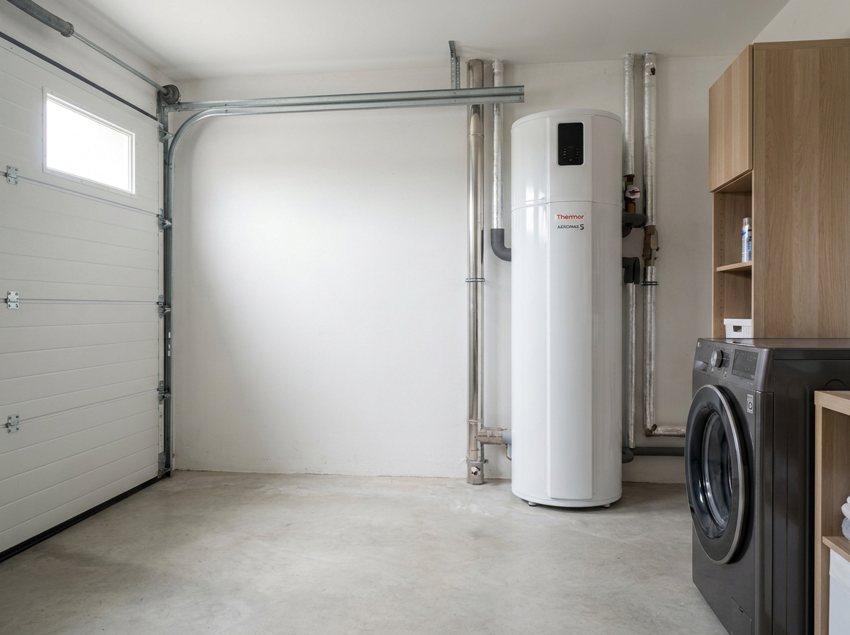 Ballon thermodynamique Thermor Aéromax 5 270L installé en garage de pavillon à Reyrieux quartier Saint-Romain par l'équipe RGE Protec Energy