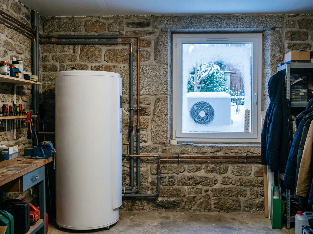 Ballon thermodynamique De Dietrich Kaliko Split 270L installé en garage de maison granite à Tarare quartier Champagny par l équipe RGE Protec Energy