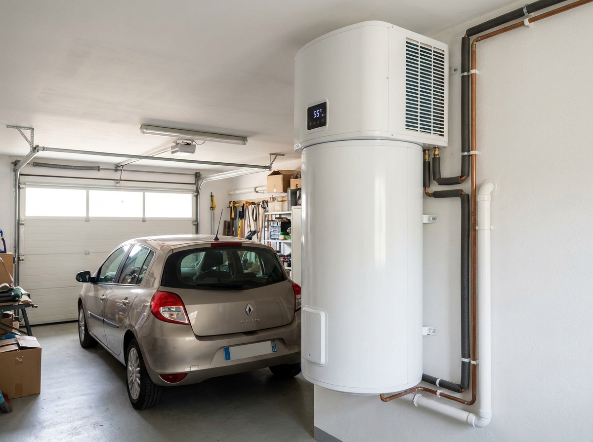 Ballon thermodynamique Thermor Aéromax 5 250L installé en garage de pavillon à Trévoux quartier Reygnard par l'équipe RGE Protec Energy