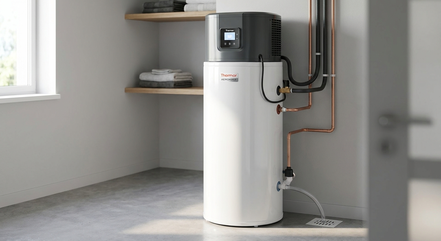 Ballon thermodynamique avec pompe à chaleur intégrée installé en local technique, installation type Protec Energy en Rhône-Alpes