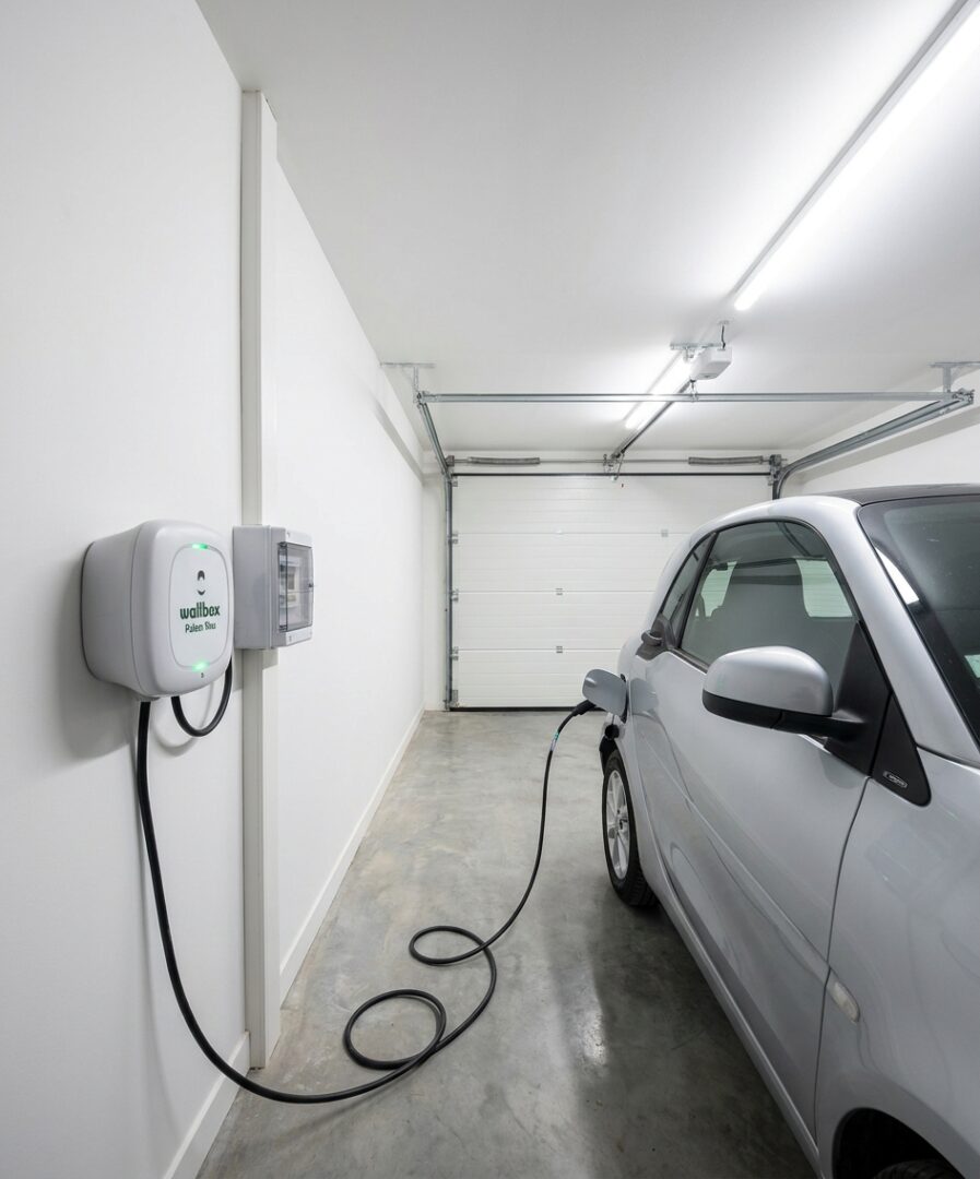 Wallbox Pulsar Plus posée par Protec Energy dans un garage box individuel de copropriété en Rhône-Alpes, installation IRVE Qualifelec avec sous-comptage