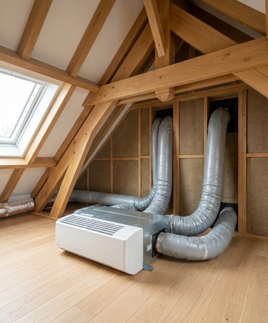 Unite interieure gainable Daikin FBA cachee dans les combles avec gaines isolees vers chaque piece, installation Protec Energy Rhone-Alpes