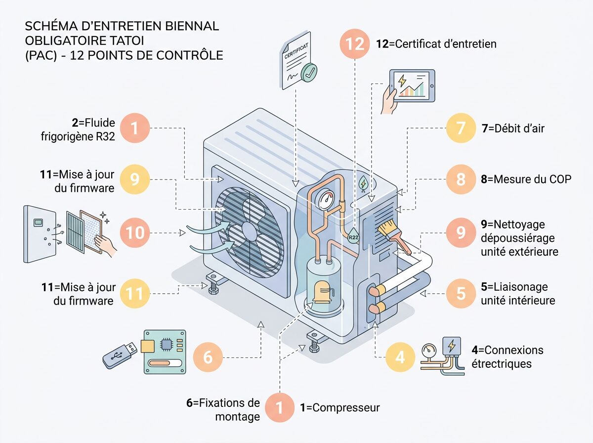 Schéma des 12 points de contrôle réalisés par Protec Energy lors d'un entretien biennal de pompe à chaleur: pression circuit, étanchéité fluide frigorigène, intensité compresseur, échangeurs, filtres, sondes, vase d'expansion