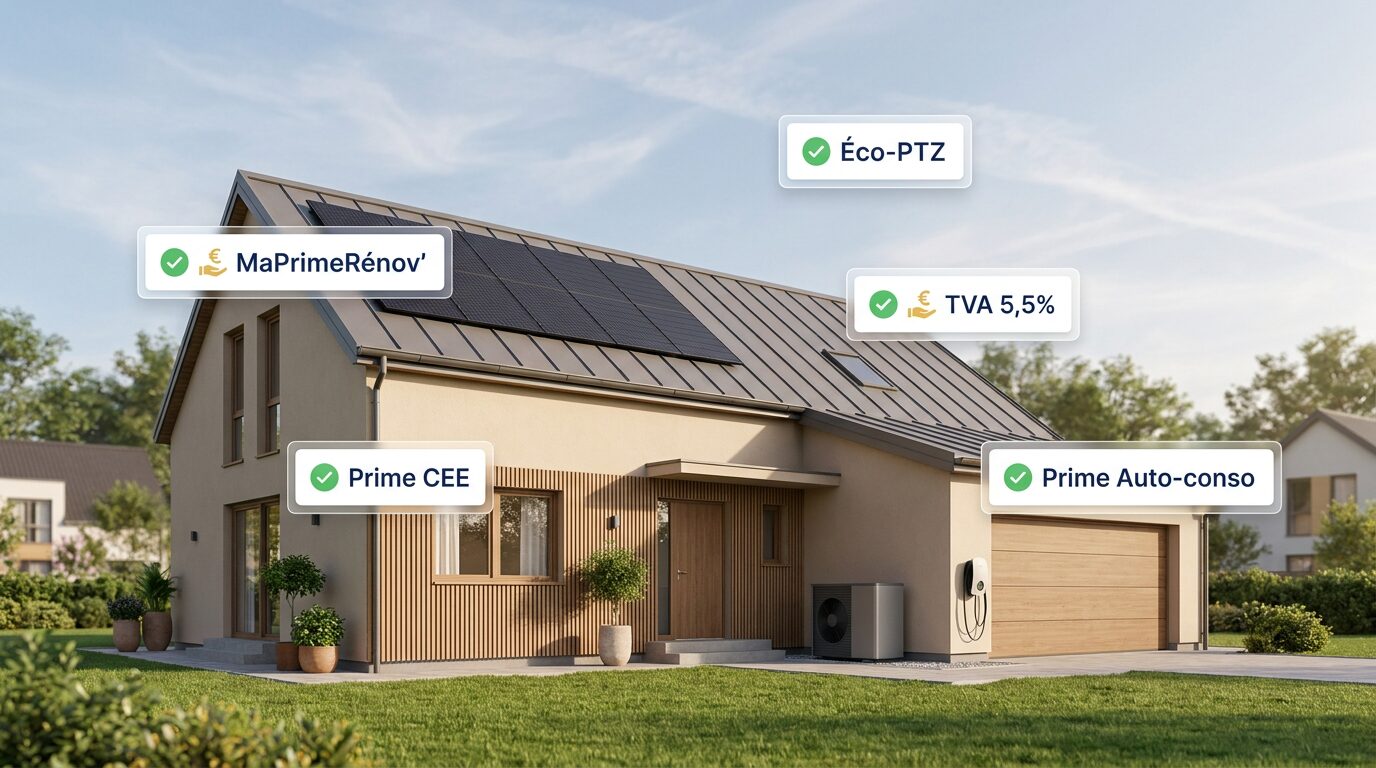 Maison française rénovée avec panneaux photovoltaïques, pompe à chaleur et borne de recharge, illustration des aides 2026 MaPrimeRénov, CEE, éco-PTZ et TVA 5,5% accompagnées par Protec Energy en Rhône-Alpes
