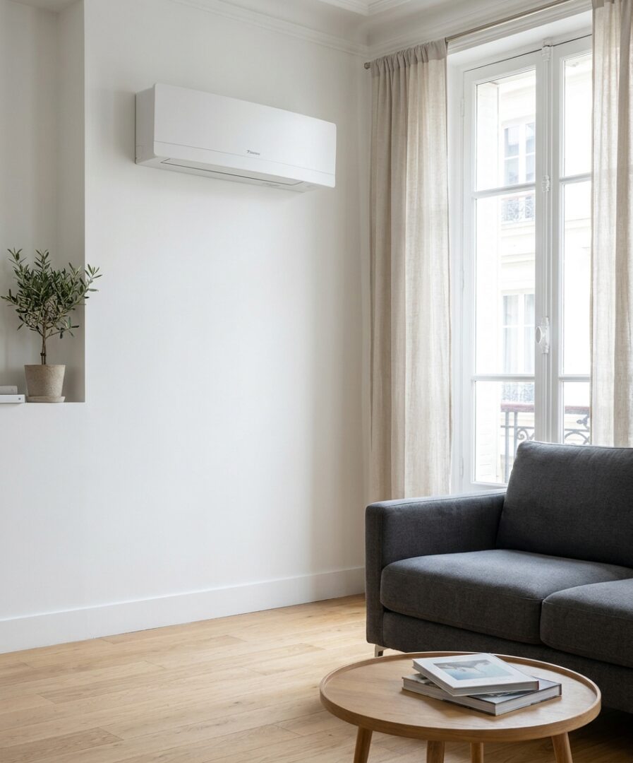 Pompe à chaleur air/air, split mural Daikin Emura installé par Protec Energy dans un salon contemporain en Rhône-Alpes