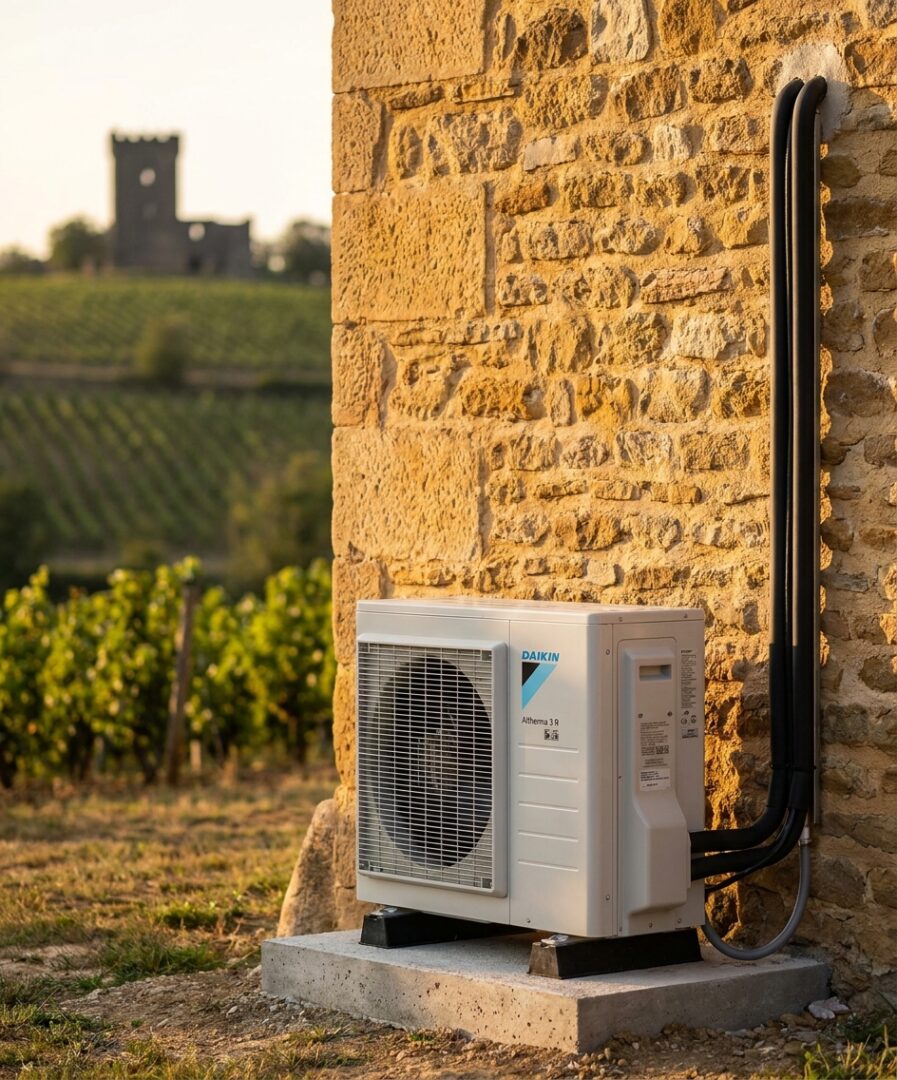 Pompe à chaleur air/eau Daikin Altherma 3 R 12 kW installée par Protec Energy sur un mur en pierre dorée d'une maison rénovée à Anse, vignobles AOC Beaujolais et Tour des Templiers en arrière-plan