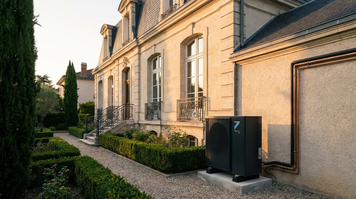 Pompe à chaleur air/eau Daikin Altherma 3 R HT 14 kW installée par Protec Energy sur une maison bourgeoise pierre 1925 à Caluire-et-Cuire en remplacement d'une chaudière gaz Frisquet