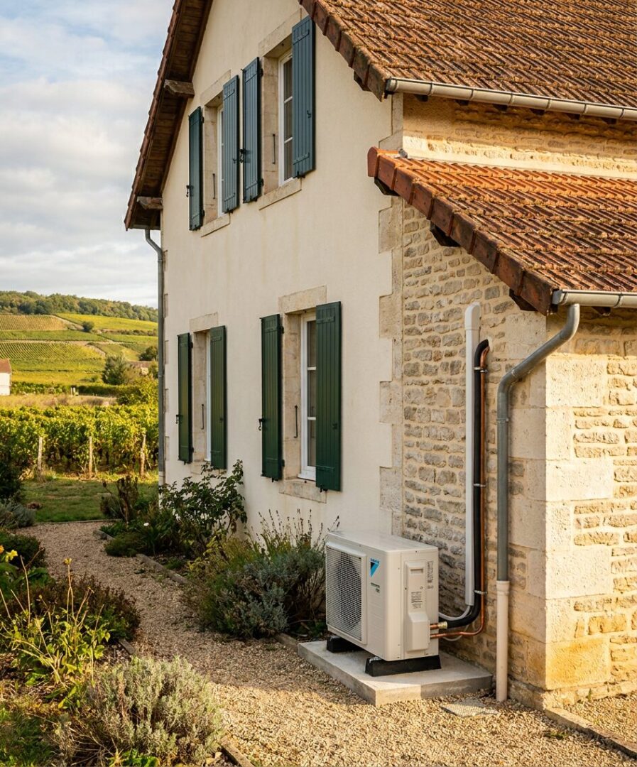 Pompe à chaleur air/eau Daikin Altherma installée sur maison vigneronne en pierre calcaire mâconnaise à Charnay-lès-Mâcon (71), équipe RGE QualiPAC Protec Energy