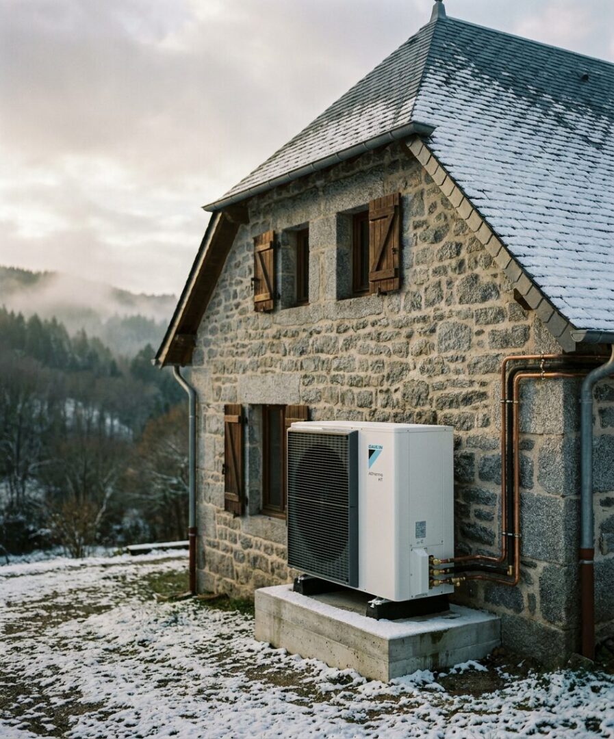 Pompe à chaleur haute température Mitsubishi Ecodan Zubadan installée par Protec Energy sur maison granite 1925 à Tarare quartier Champagny, Monts du Lyonnais altitude 311 m