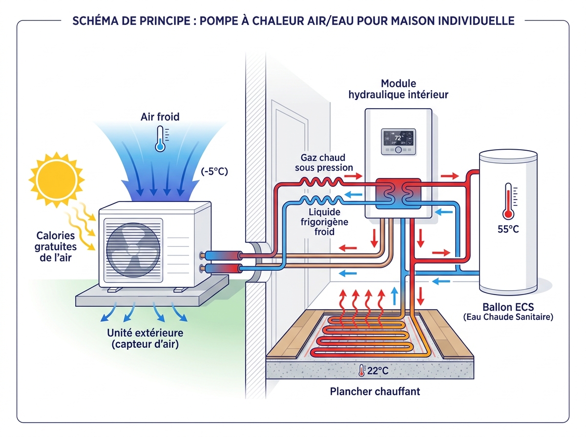 Schéma du remplacement d'une chaudière fioul par une pompe à chaleur air/eau à Belleville-en-Beaujolais, raccordement sur les radiateurs ou le plancher chauffant existants