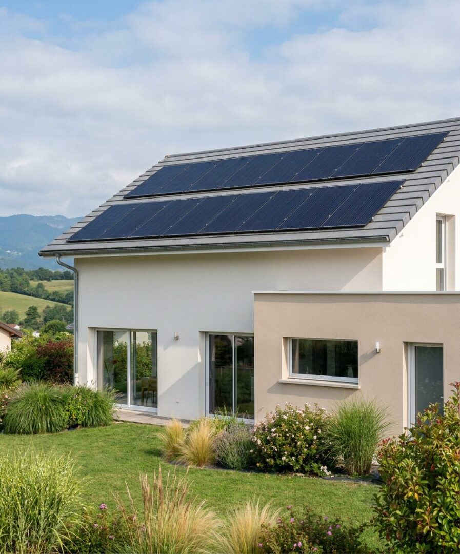 Kit photovoltaïque 6 kWc clé en main, 16 panneaux solaires 375 Wc posés par Protec Energy sur toiture sud d'une maison contemporaine Rhône-Alpes