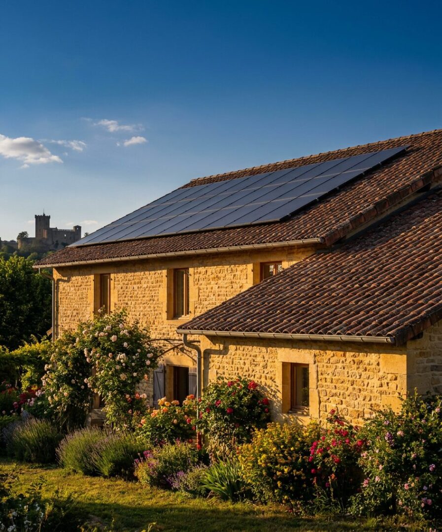Installation photovoltaïque sur maison pierre dorée Beaujolais à Anse, château Tour des Templiers visible en arrière-plan