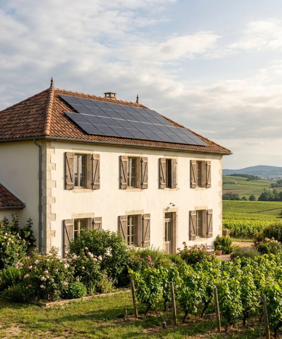 Installation photovoltaïque Full Black DMEGC sur maison en pierre calcaire mâconnaise à Mâcon (71), posée par l'équipe RGE QualiPV Protec Energy