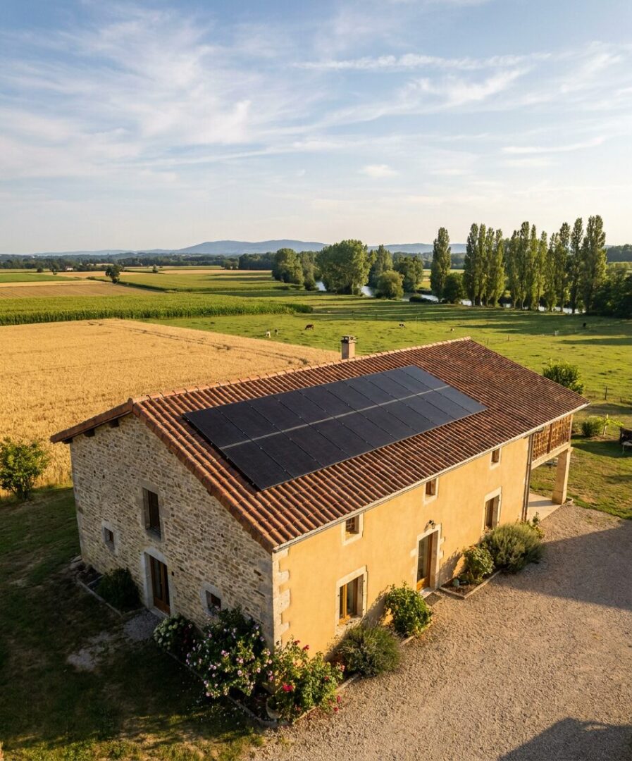 Installation photovoltaïque sur ferme rénovée à Saint-Didier-sur-Chalaronne (01140) quartier Aubin, toiture terracotta sud, kit 6 kWc Trina, plaine agricole Val de Saône en arrière-plan, posée par l'équipe interne Protec Energy basée à Fareins à 6 km (commune limitrophe)
