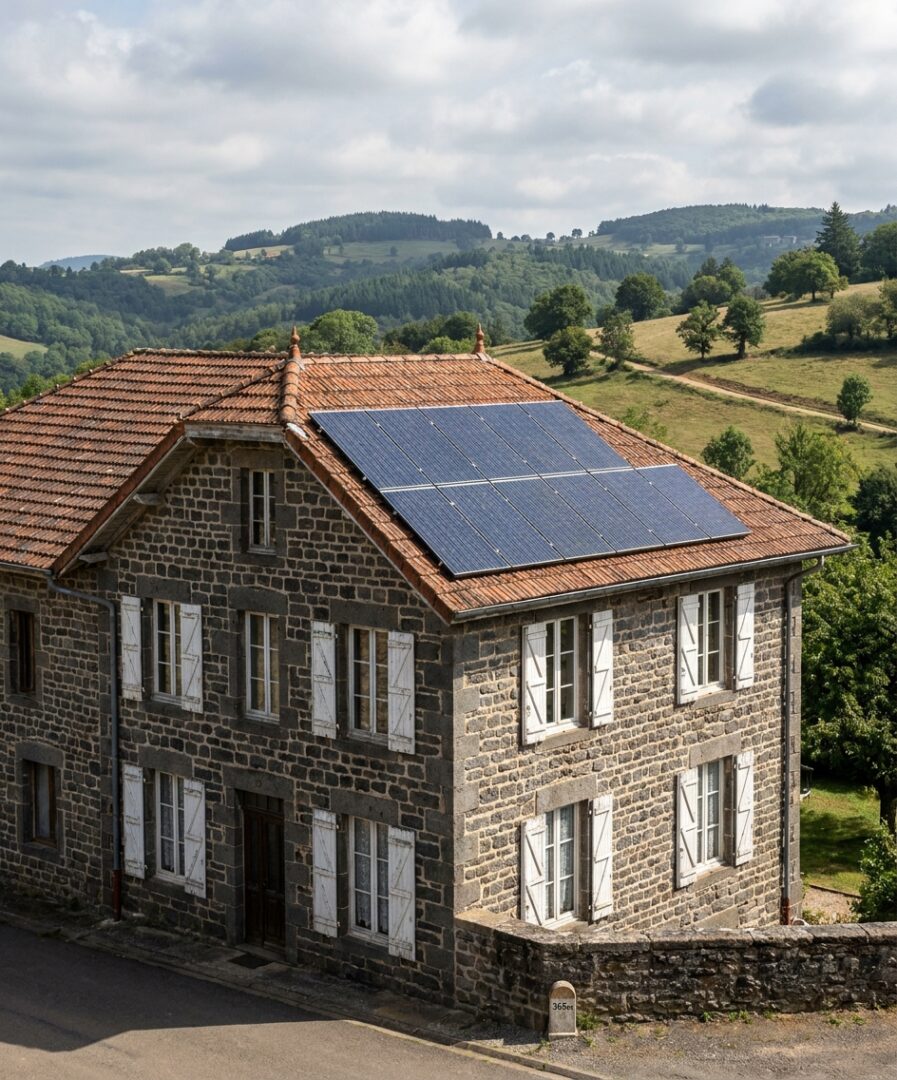 Installation photovoltaïque sur maison granite XIXe à Tarare, monts du Lyonnais altitude 365m