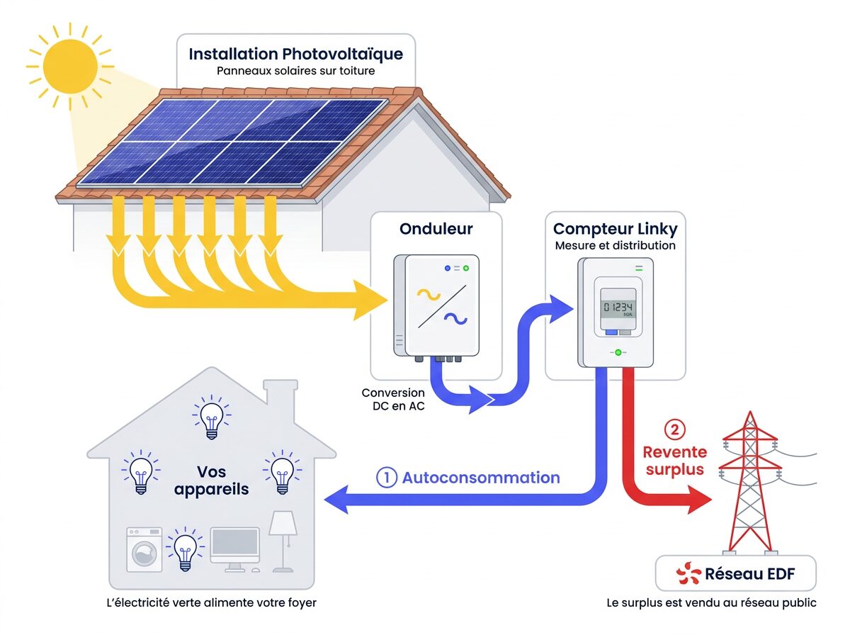 Schéma de fonctionnement d'une installation photovoltaïque résidentielle: panneaux, onduleur, compteur Linky, autoconsommation et revente du surplus