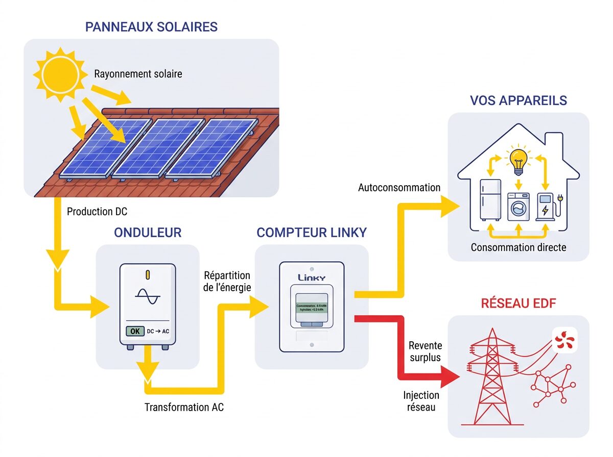 Schéma de fonctionnement batterie de stockage solaire, panneaux PV, onduleur hybride, batterie LiFePO4 murale, monitoring appli, alimentation maison jour et nuit