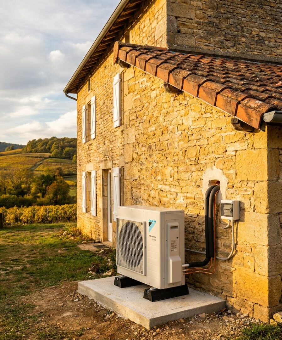 Remplacement chaudière fioul par pompe à chaleur air/eau Protec Energy sur maison bourguignonne en pierre, unité extérieure discrète posée façade Rhône-Alpes