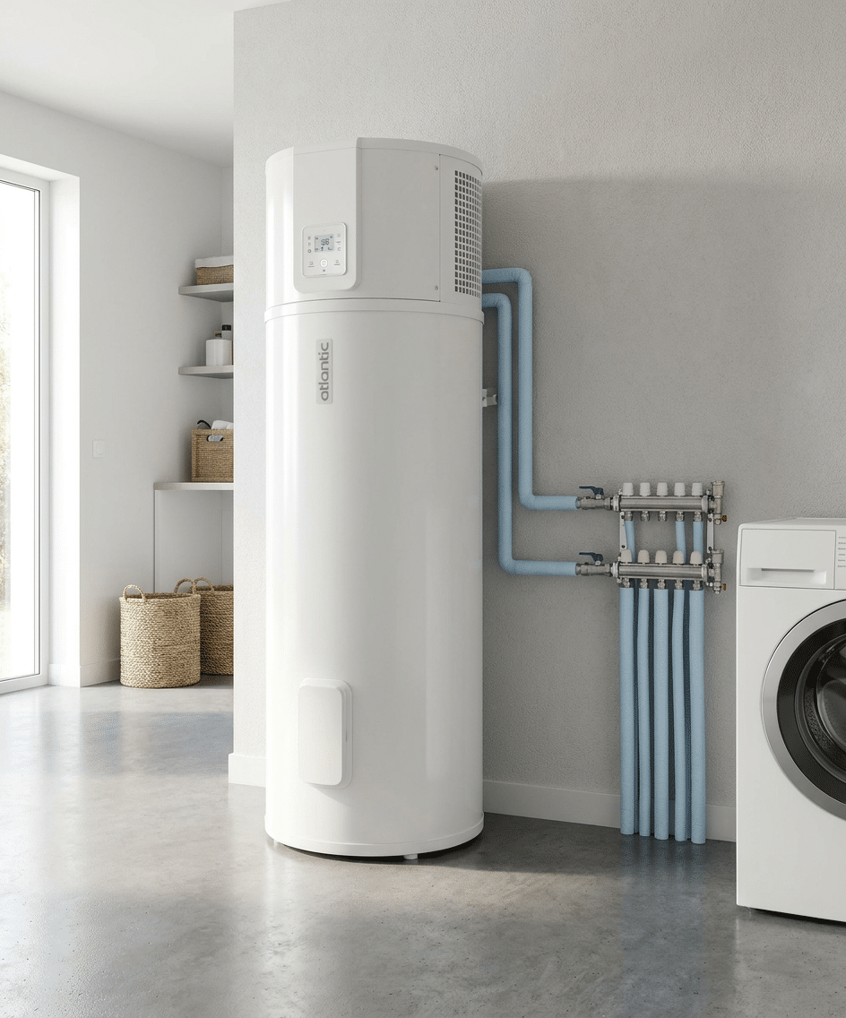 Ballon thermodynamique Atlantic Calypso Connecté 270L installé par Protec Energy dans un local technique en Rhône-Alpes