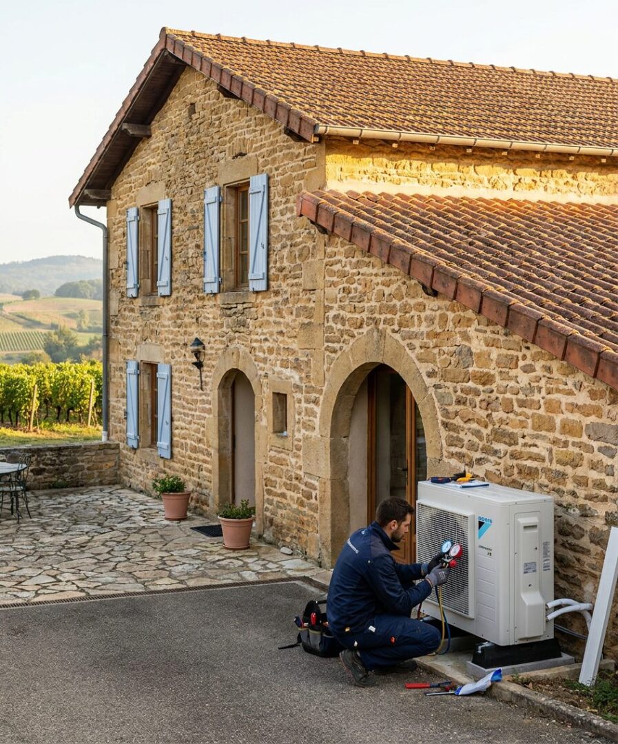 Pompe à chaleur air/eau installée par l'équipe Protec Energy devant une maison vigneronne en pierre dorée à Belleville-en-Beaujolais (69220), au cœur du Beaujolais viticole